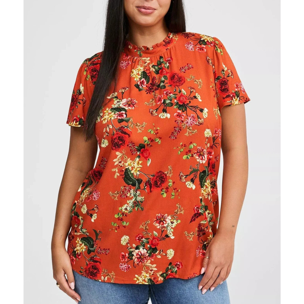 NWT Torrid Rayon Slub Mock Neck Flutter Sleeve Top Floral Orange Plus Size 2 2X - Picture 1 of 12